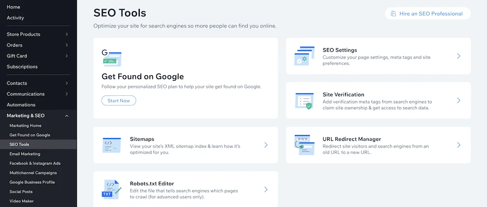 Wix 내 SEO 도구 페이지.