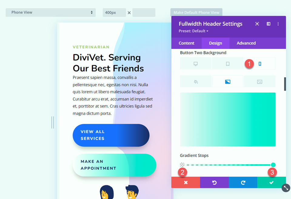 Divi Fullwidth Başlık Kahraman Bölüm Düğmesi İki Arka Plan Gradyan Mobil