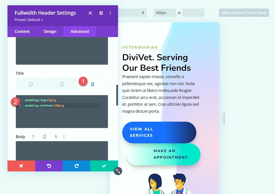 Divi Fullwidth Header Hero Bölüm Başlığı CSS Mobil