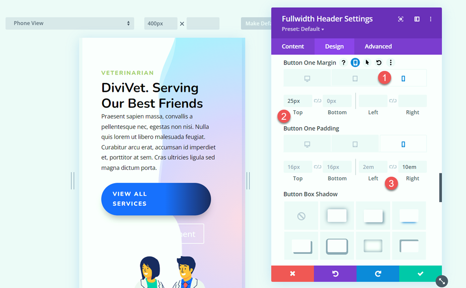 Divi Fullwidth Header Hero Bölüm Düğmesi Bir Kenar Boşluğu Doldurma Mobil