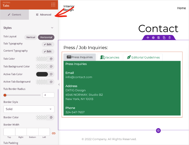 Configuración avanzada del bloque de pestañas