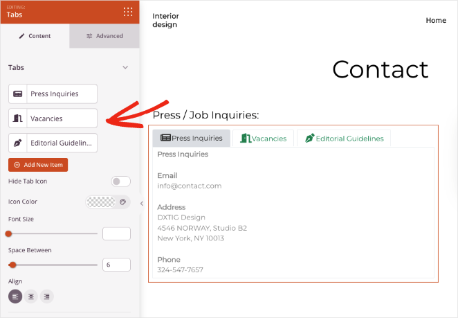 Configuración del bloque de pestañas