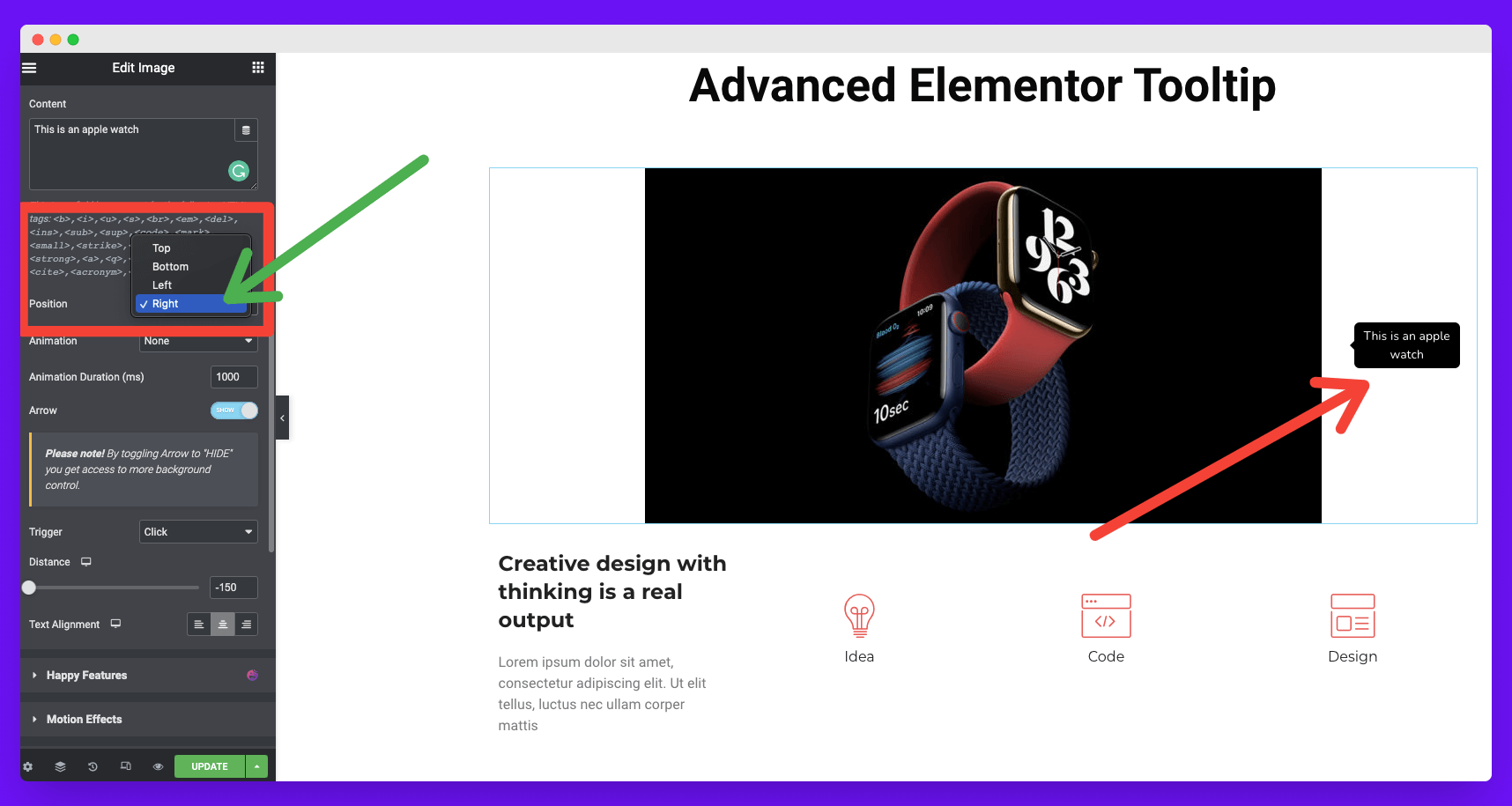 Kompletny przewodnik na temat dodawania podpowiedzi w witrynie Elementor 11 Change the position of your tooltip