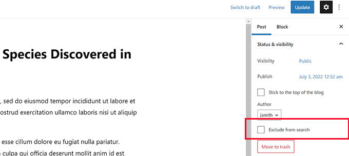 投稿を検索結果から除外する Exclude post from search results