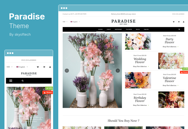 موضوع الجنة - سمة متجر الزهور WooCommerce