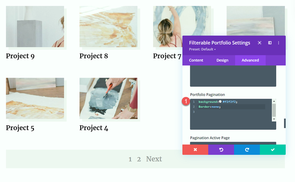 Estilo 2 CSS de paginação de portfólio filtrável Divi
