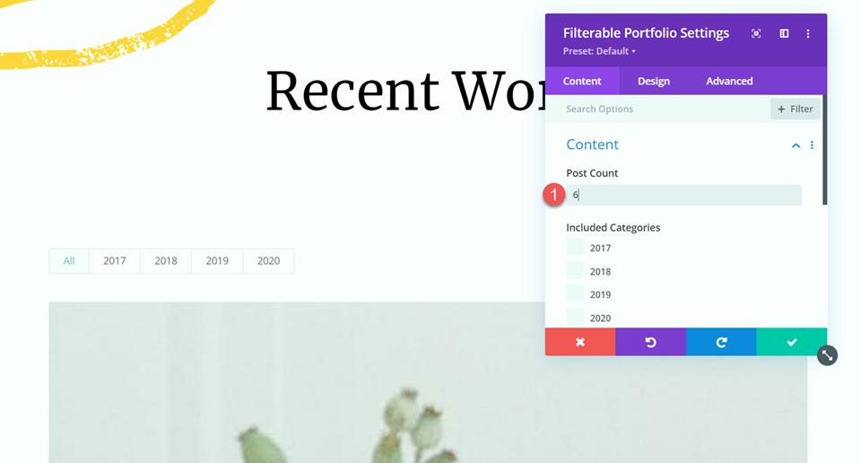 Contagem de postagens de paginação de portfólio filtrável Divi