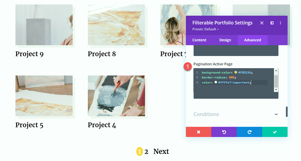 Estilo de paginação de portfólio filtrável Divi 3 CSS ativo