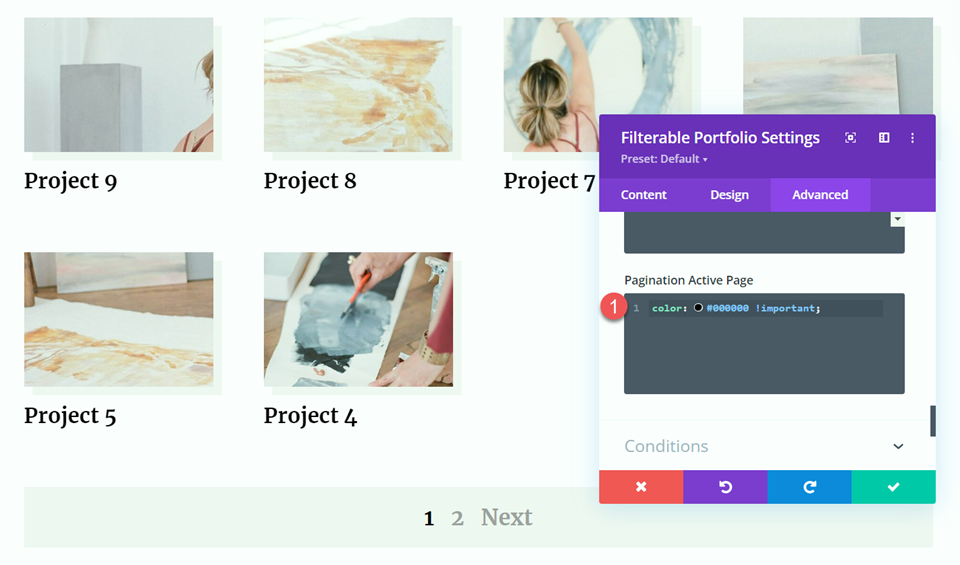 Estilo de paginação de portfólio filtrável Divi 2 CSS ativo