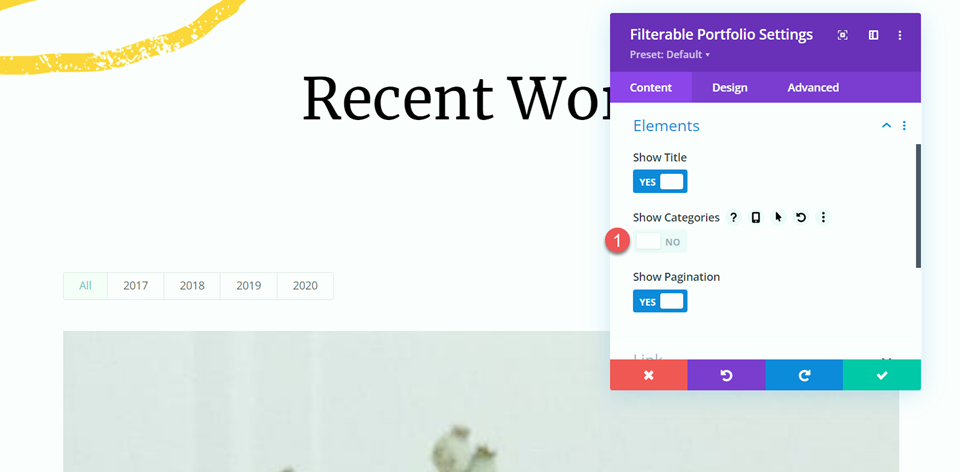 Paginação do Portfólio Divi Filtrado Mostrar Categorias