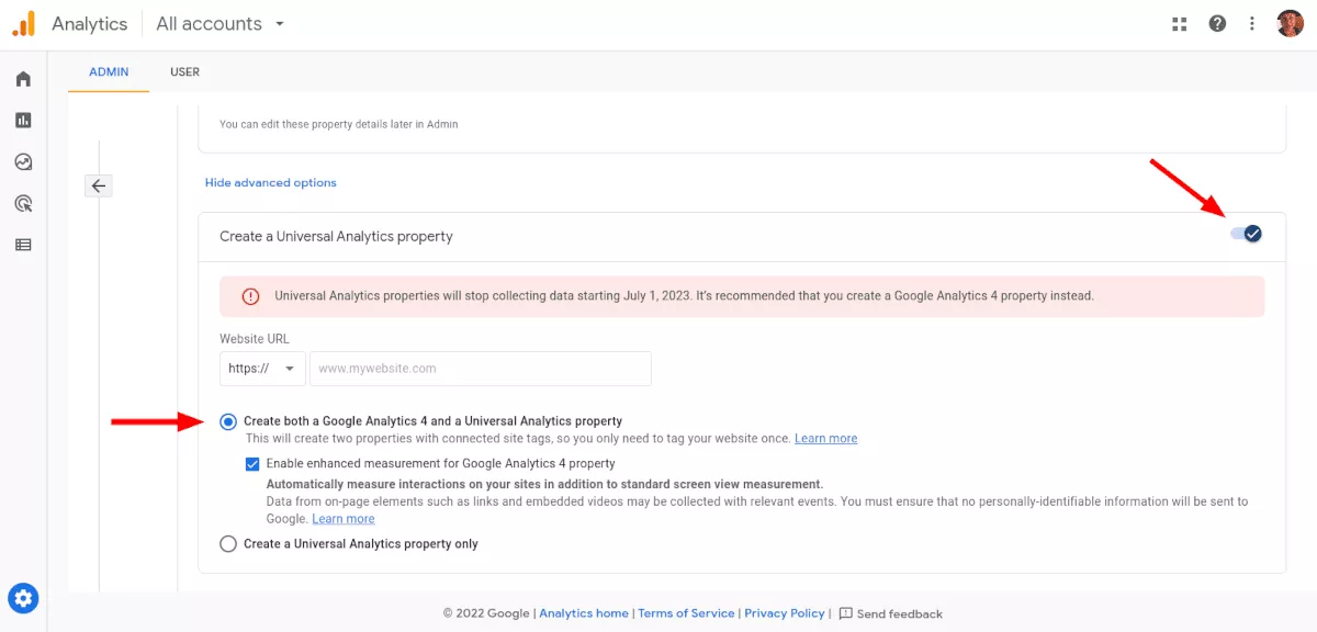 Menù di Google Analytics