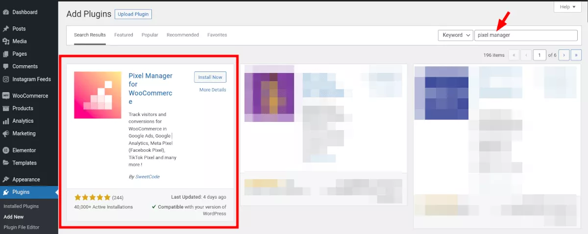 screenshot di Pixel Manager nella dashboard del plugin di WordPress