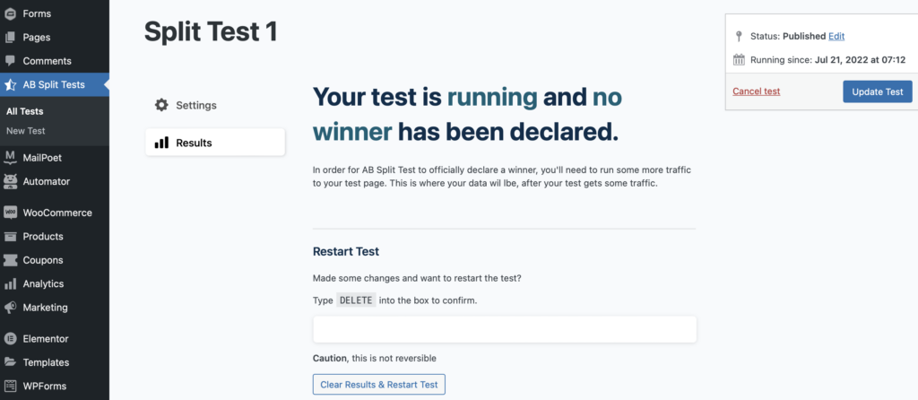 Ergebnisbildschirm des AB-Split-Tests