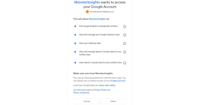 Erlauben Sie MonsterInsights den Zugriff auf Ihr Google Analytics-Konto