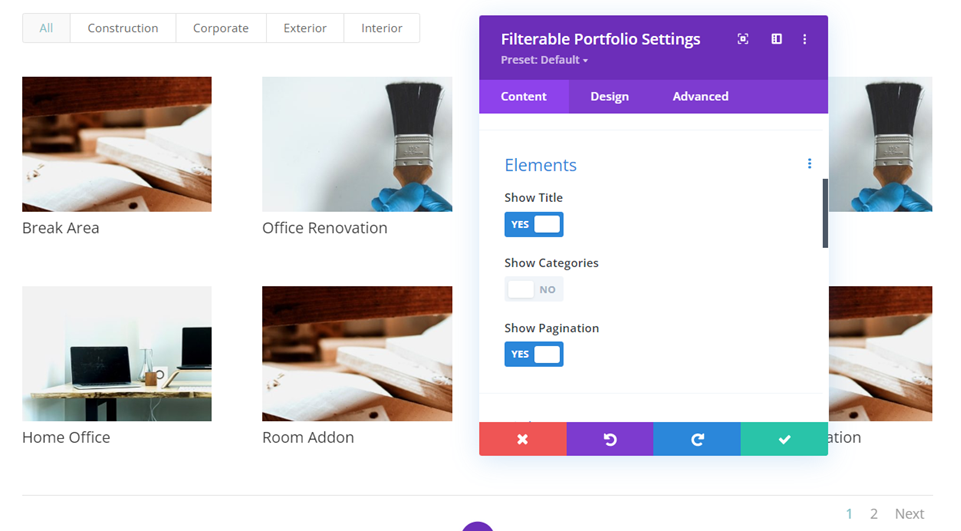 Impostazioni del modulo portfolio filtrabile