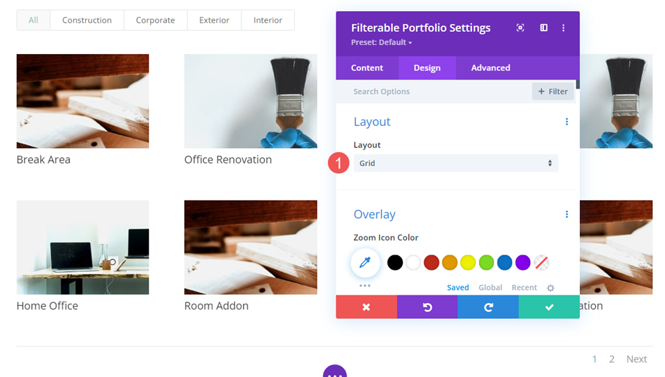 Impostazioni del modulo portfolio filtrabile