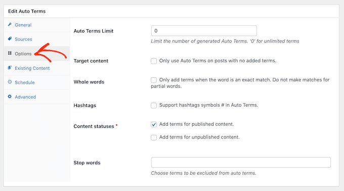 Die Registerkarte „Optionen“ von TaxoPress The TaxoPress 'Options' tab