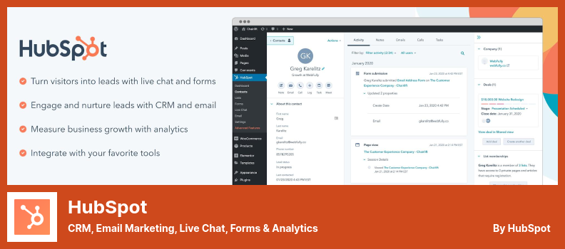 HubSpot 플러그인 - CRM, 이메일 마케팅, 라이브 채팅, 양식 및 분석