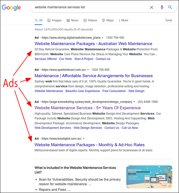 Risultati di ricerca di Google - elenco dei servizi di manutenzione del sito web