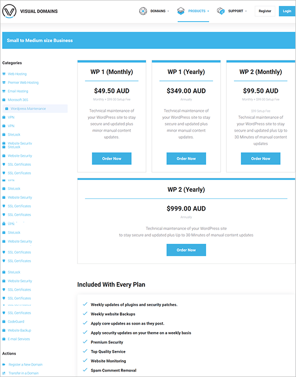 Screenshot della pagina dei servizi di manutenzione del sito Web VisualDomains.com.au.