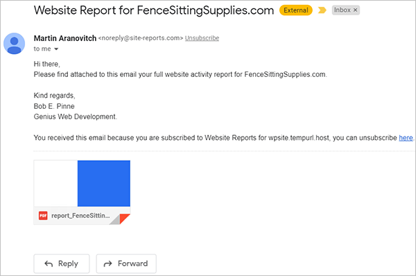 Esempio di e-mail di report del sito Web.