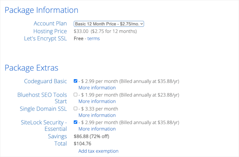 معلومات حزمة Bluehost - IsItWP - كاشف سمة WordPress مجاني bluehost package information