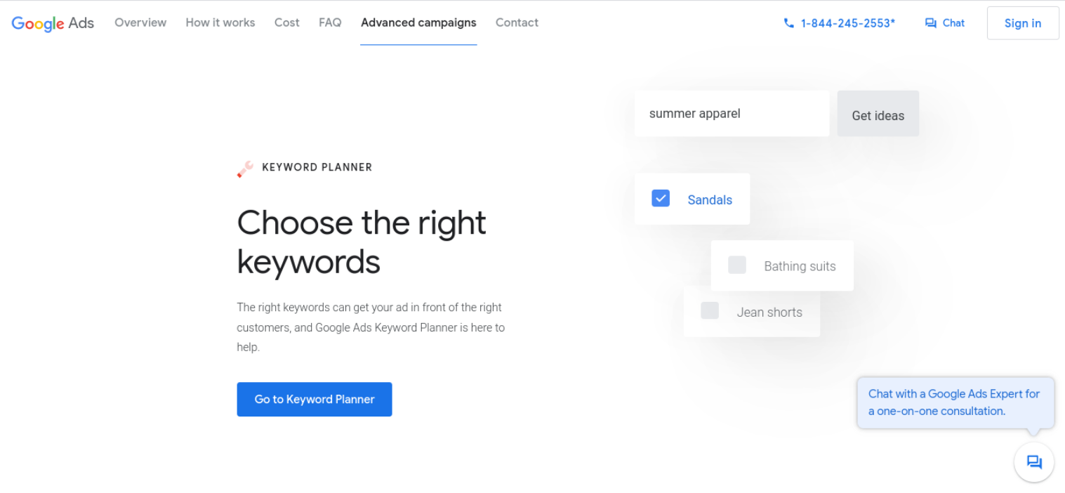 El sitio web del Planificador de palabras clave de Google.