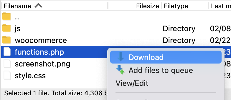 télécharger le fichier functions.php depuis Filezilla