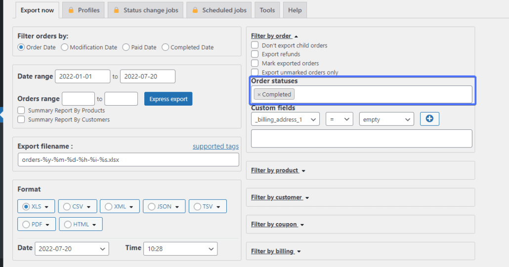 Selectați Stare comenzi pentru comenzile de export woocommerce