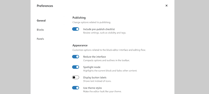 Blokir preferensi umum editor Block editor general preferences