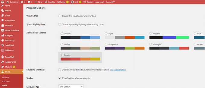 Pilih skema warna untuk area admin WordPress Choose a color scheme for WordPress admin area