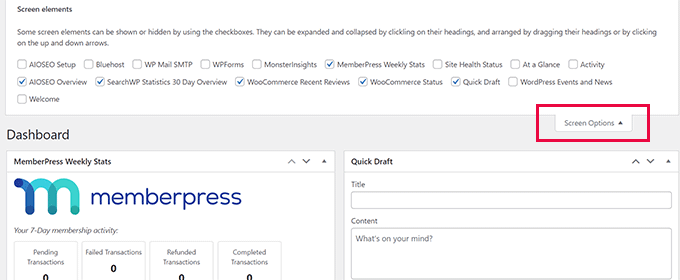 Opsi Layar pada halaman Dasbor di area admin WordPress Screen Options on the Dashboard page in WordPress admin area