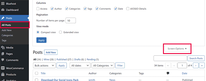Opsi Layar pada halaman posting Screen Options on the posts page