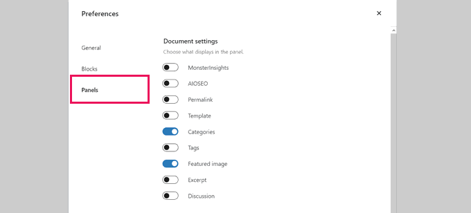 Tampilkan panel sembunyikan di editor blok Show hide panels in block editor