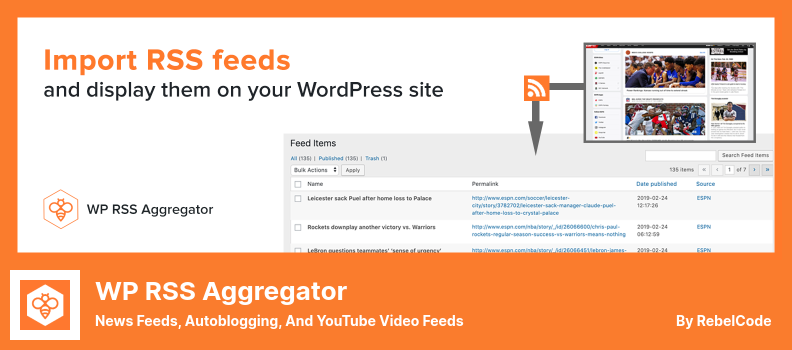 WP RSS 聚合器插件 - 新聞源、自動博客和 YouTube 視頻源