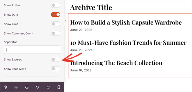 قم بتشغيل تبديل إظهار مقتطفات في كتلة مشاركة SeedProd Turn on the Show Excerpt toggle in SeedProd's post block