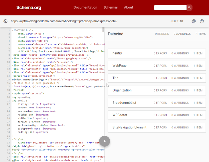 Validatore di markup dello schema del motore di viaggio WP