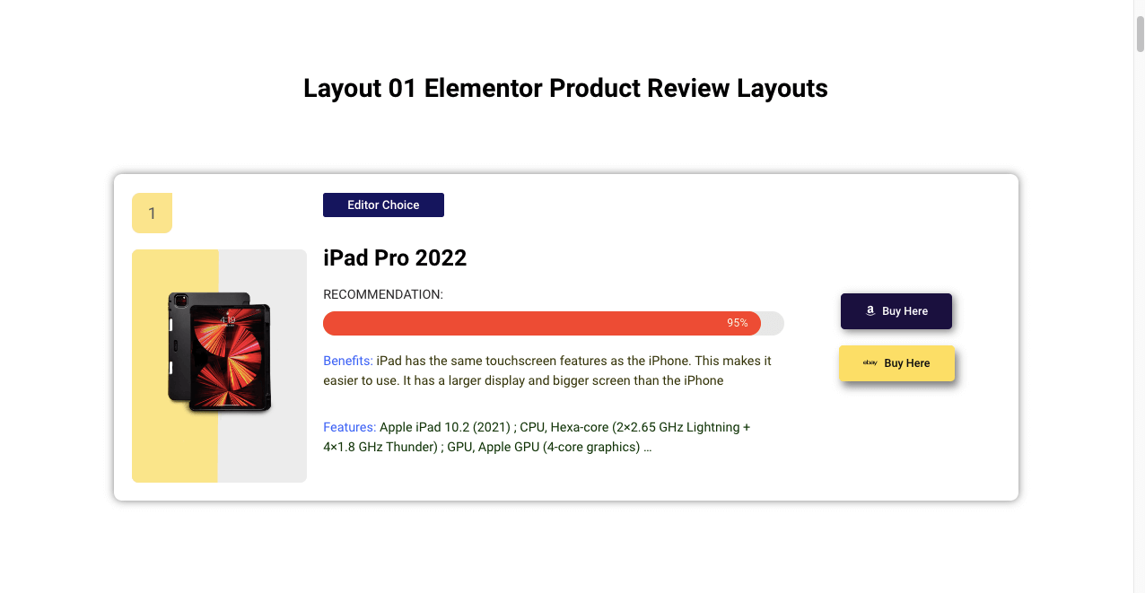 Más de 15 widgets de revisión de productos de Elementor para crear algunas secciones de revisión únicas con Happy Addons 6 Product Review Layout For Featured Product Section