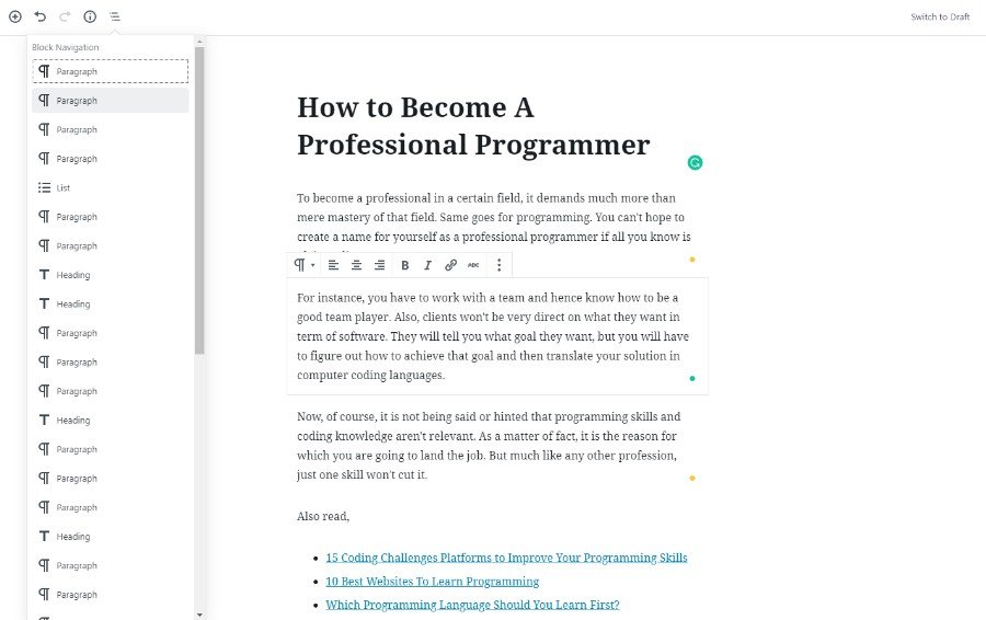 Menu nawigacji po blokach Gutenberga
