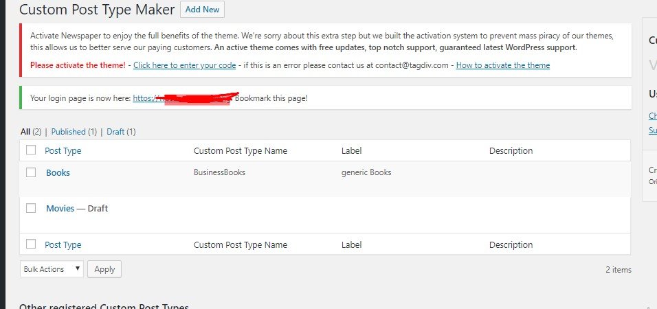 visão geral do tipo de postagem personalizado criado