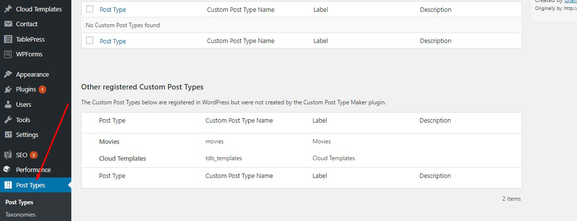menu de tipos de postagem