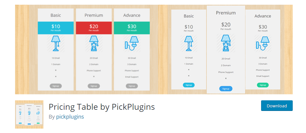 Pluginul WordPress Tabele de prețuri de la PickPlugins