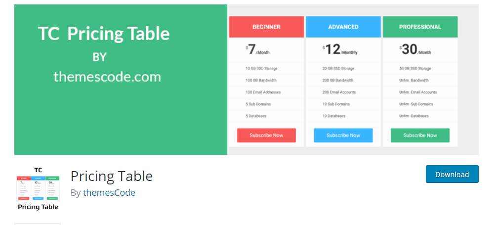 Pluginul de prețuri pentru tabel WordPress TC Tabel de prețuri după themesCode