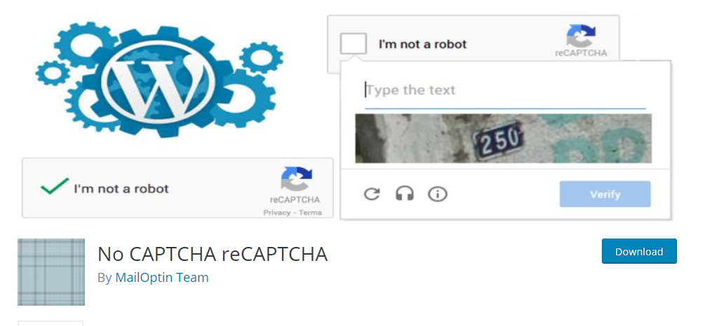 워드프레스 보안문자 플러그인 MailOptin 팀의 보안문자 reCAPTCHA 없음