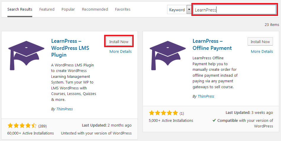 instal dan aktifkan plugin learnpress