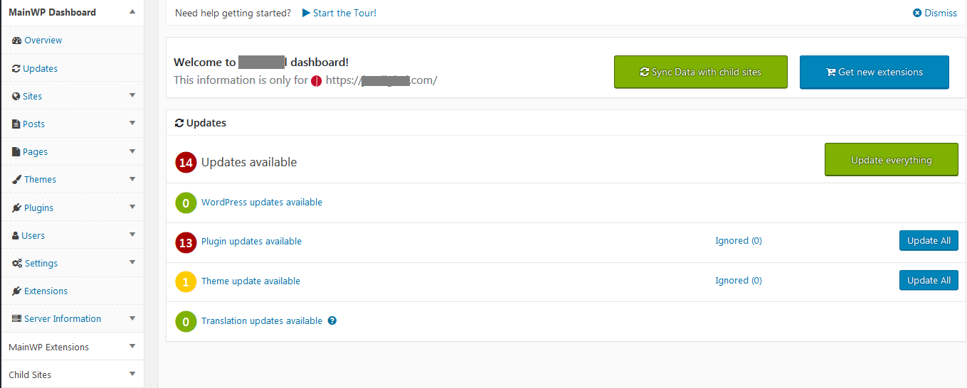 Gestion des sites de tableau de bord Mainwp