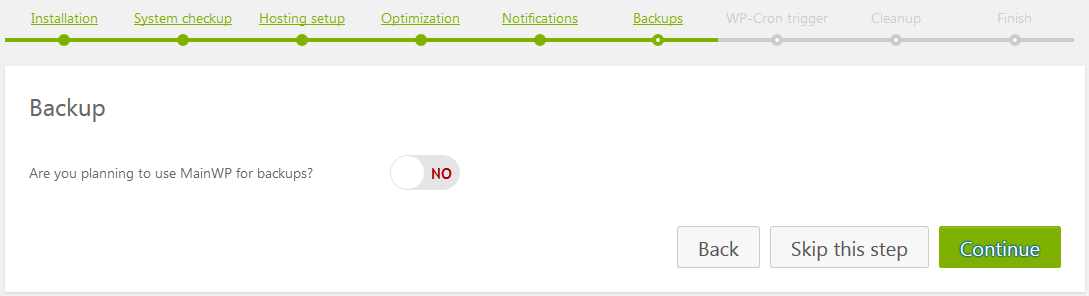 Sauvegarde de l'assistant de configuration du tableau de bord Mainwp