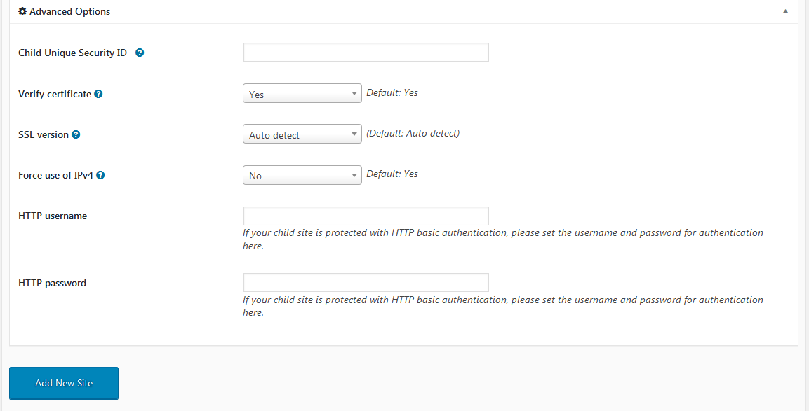 Option avancée du site enfant du tableau de bord Mainwp