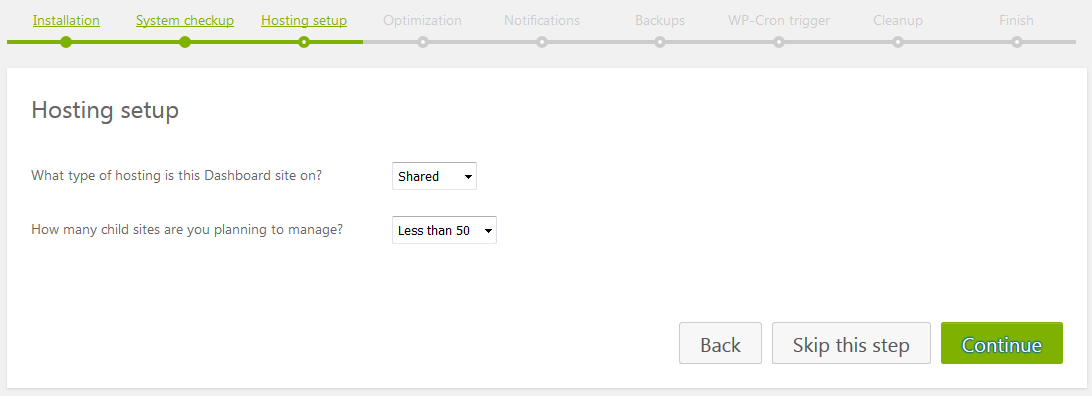 Assistant de configuration du tableau de bord Mainwp hébergement configuration