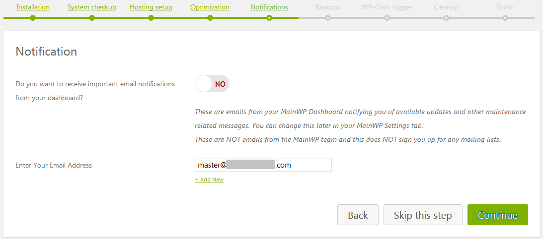 Notification de l'assistant de configuration du tableau de bord Mainwp